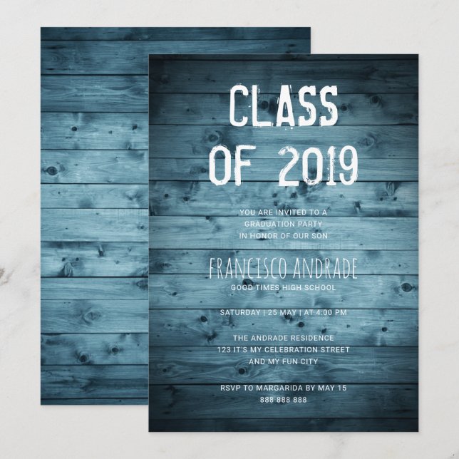 Boy High School Graduation Party 2019 Rustic Blue Invitation (Front/Back)