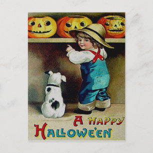 Boy & His Dog Looking At Jack O' Lanterns Postcard