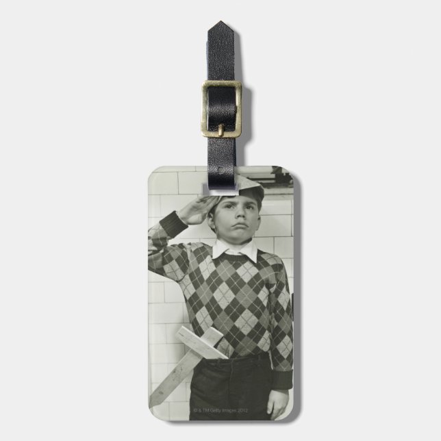 Boy Holding a Wooden Sword Luggage Tag (Front Vertical)