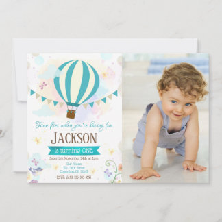 Boy Hot Air Balloon 1st Birthday Photo Invitation