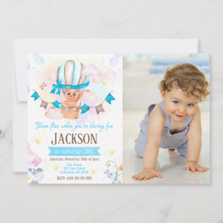 Boy Hot Air Balloon 1st Birthday Photo Invitation
