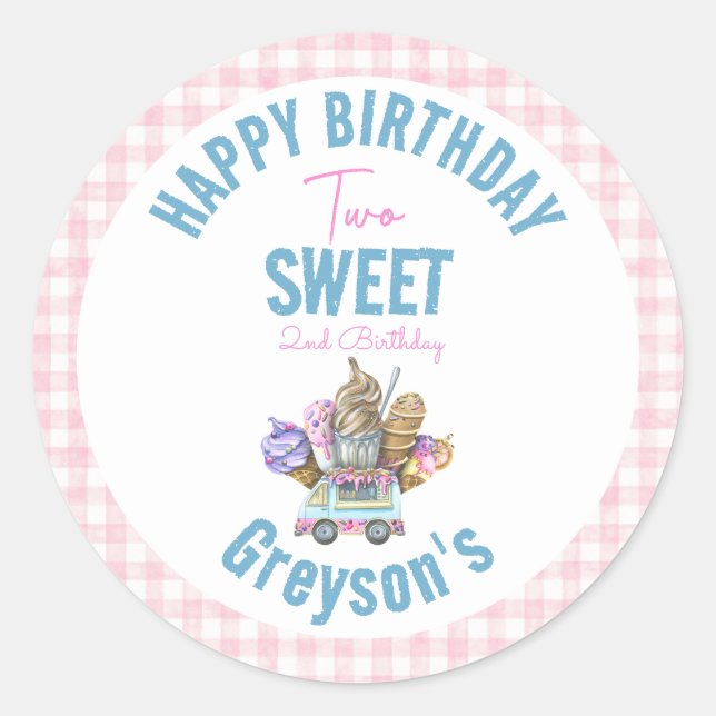Boy Ice Cream Truck Two Sweet 2nd Birthday Party Classic Round Sticker (Front)