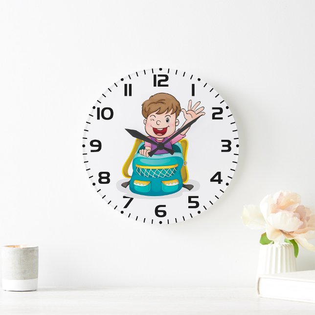Boy in Backpack Waving Fun School Kid Large Clock (Creator Uploaded)