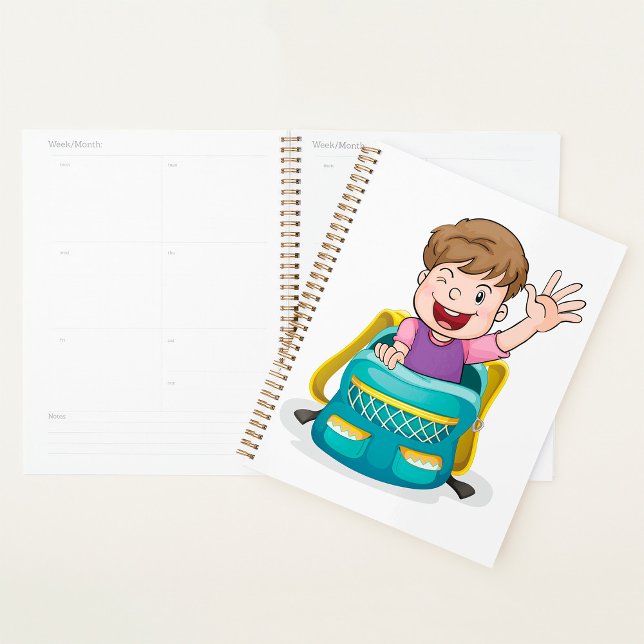 Boy in Backpack Waving Fun School Kid Planner (Creator Uploaded)