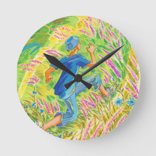 Boy in Lavender Field Round Clock