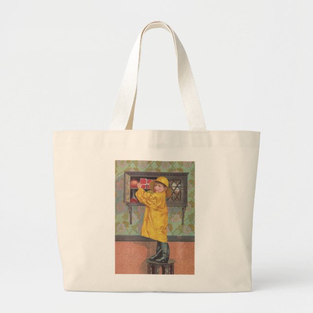 Boy in Raincoat Large Tote Bag (Front)