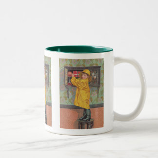 Boy in Raincoat Two-Tone Coffee Mug