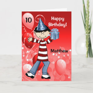 Boy in Red and Blue with Age Birthday Card