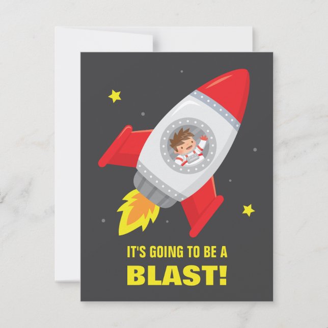 Boy in Rocket Ship Space Kids Birthday Invitations (Front)
