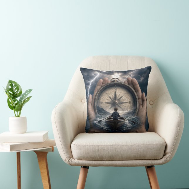 Boy in Rowboat Guided by a Compass Throw Pillow (Chair)