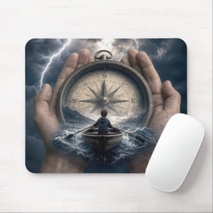 Boy in Rowboat Guided by Compass Mouse Pad