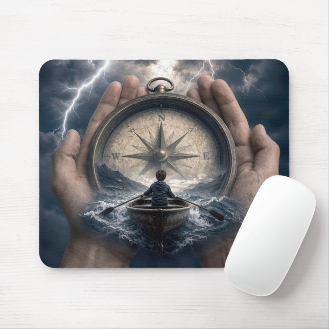 Boy in Rowboat Guided by Compass Mouse Pad (With Mouse)