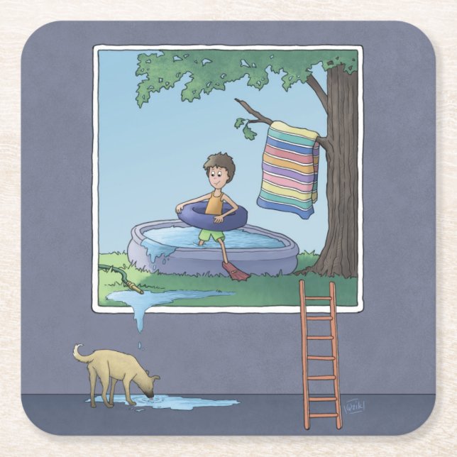  Boy in the kiddie pool Square Paper Coaster (Front)