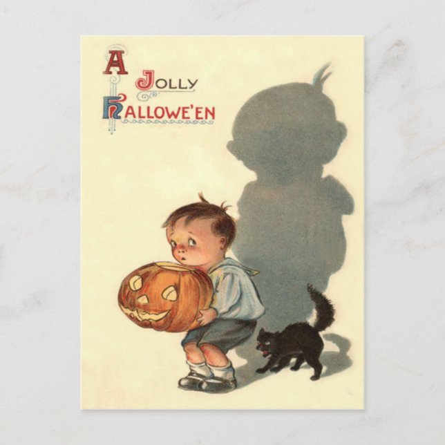 Boy Jack O Lantern Shadow Black Cat Postcard (Front)
