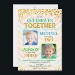Boy Joint Birthday Party Invitation with Photo<br><div class="desc">Boy Joint Birthday Invitation with Photo, Let’s Celebrate Together Invite, Sibling Birthday Party, Editable Dual Birthday Invitation Celebrate double the fun with this colorful Joint Birthday Invitation with Photo! Featuring a cheerful pastel chevron background, sparkling gold glitter accents, and space for two photos, this design is perfect for siblings or...</div>