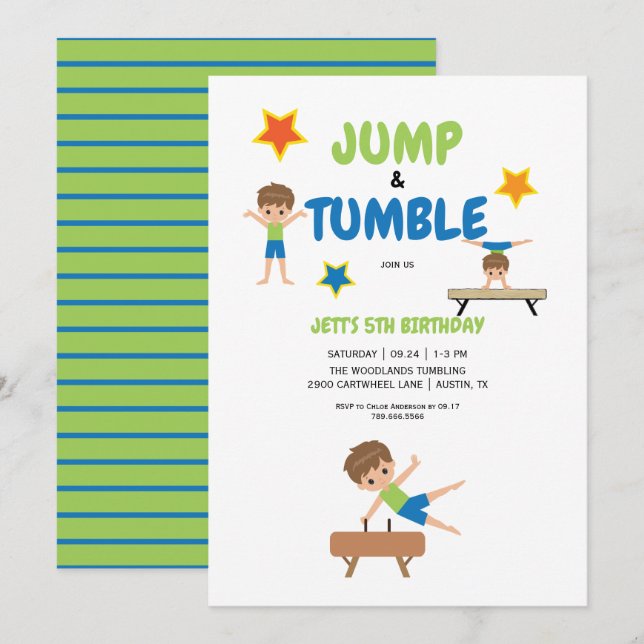 Boy Jump Tumble Gymnastics Birthday Party Invitation (Front/Back)