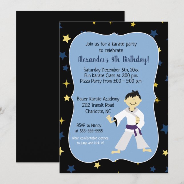Boy Karate Birthday Purple Belt Dark Hair Invitation (Front/Back)