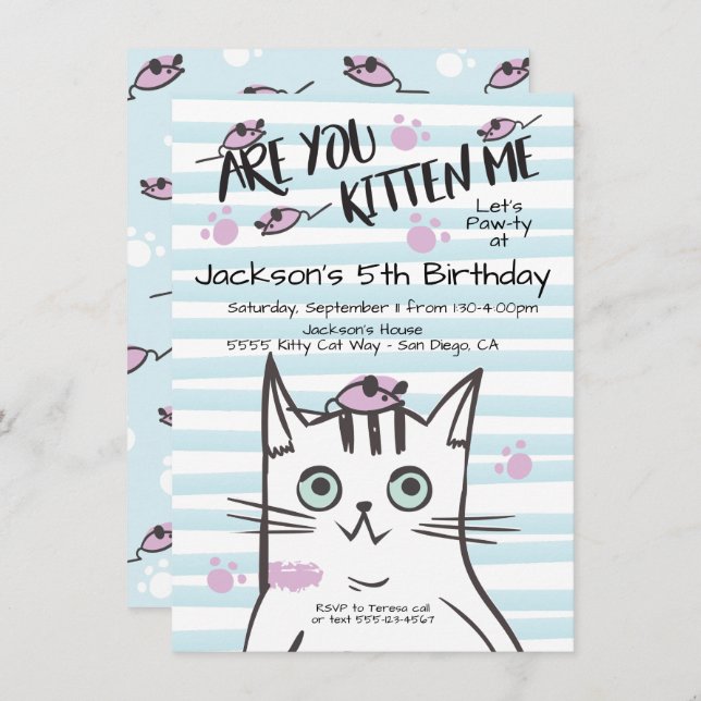 Boy Kitty Chat Anniversaire Fête Invitation (Devant / Derrière)