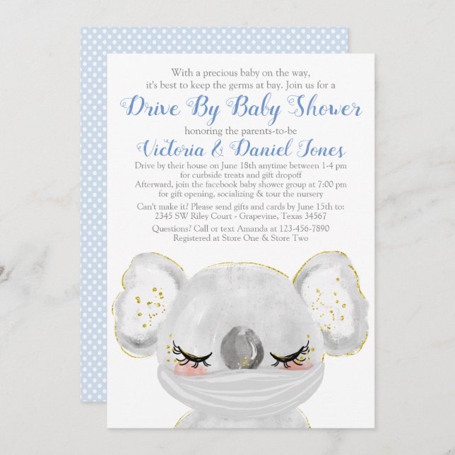 Boy Koala with Mask Drive By Baby Shower Invitation (Front/Back)