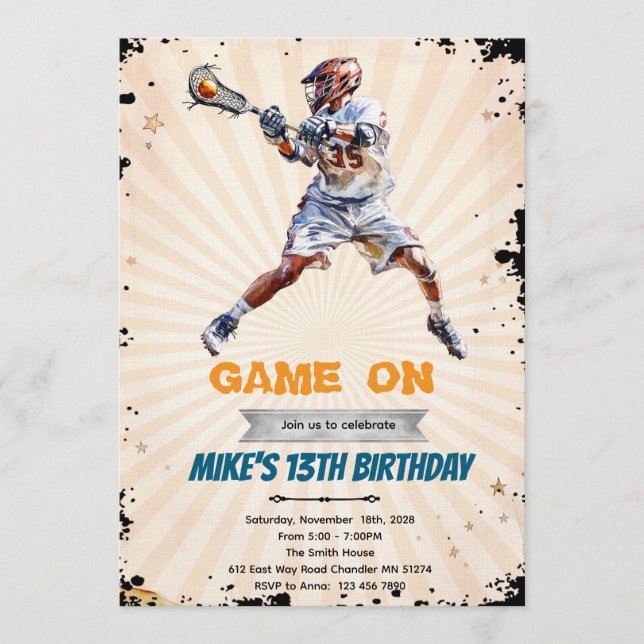 Boy Lacrosse birthday party invitation (Front)
