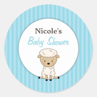 Boy Lamb Baby Shower Blue Stripe Classic Round Sticker