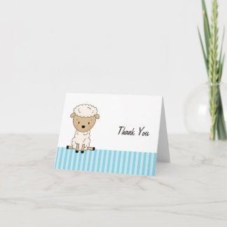 Boy Lamb Baby Shower Blue Stripe Thank You Card