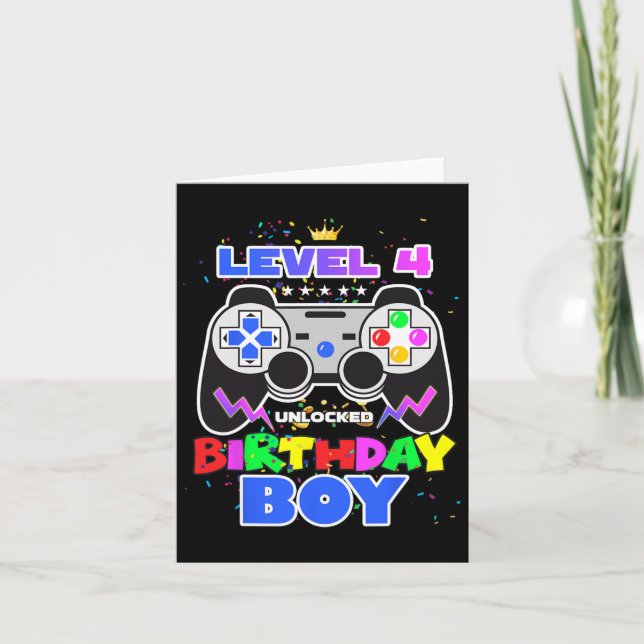 Boy Level 4 Unlocked Video Game 4th Birthday Gamer Card (Front)