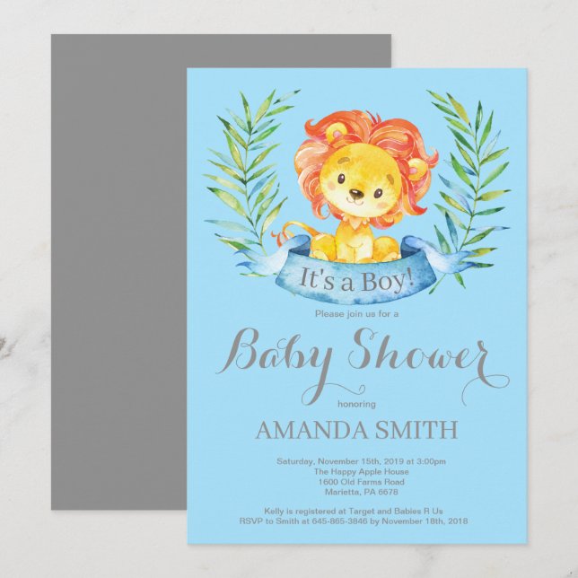 Boy Lion Baby Shower Invitation Blue and Grey (Front/Back)