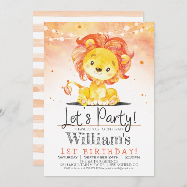 Boy Lion fête d'anniversaire Orange Invitation (Devant / Derrière)