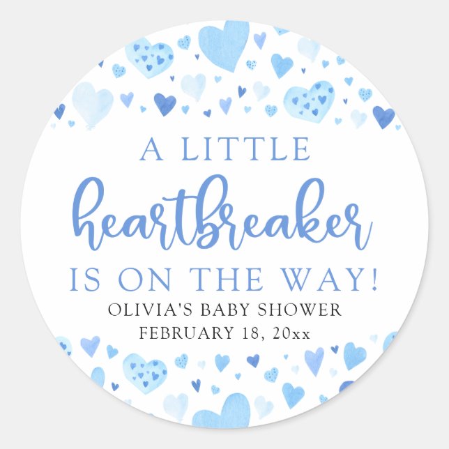 Boy Little Heartbreaker Blue Valentine Baby Shower Classic Round Sticker (Front)