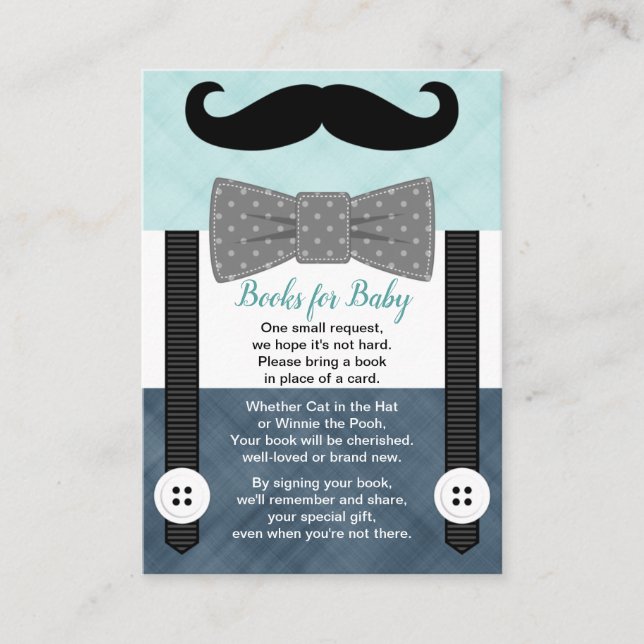 boy little man moustache mint navy book request enclosure card (Front)