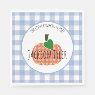 Boy Little Pumpkin Blue Buffalo Plaid 1st Birthday Napkin