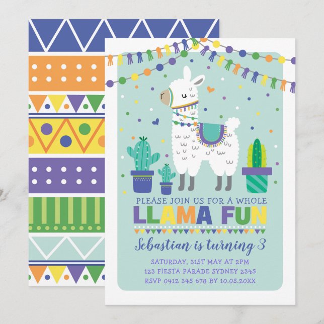 Boy Llama Birthday / Cute Alpaca Fiesta Party Invitation (Front/Back)