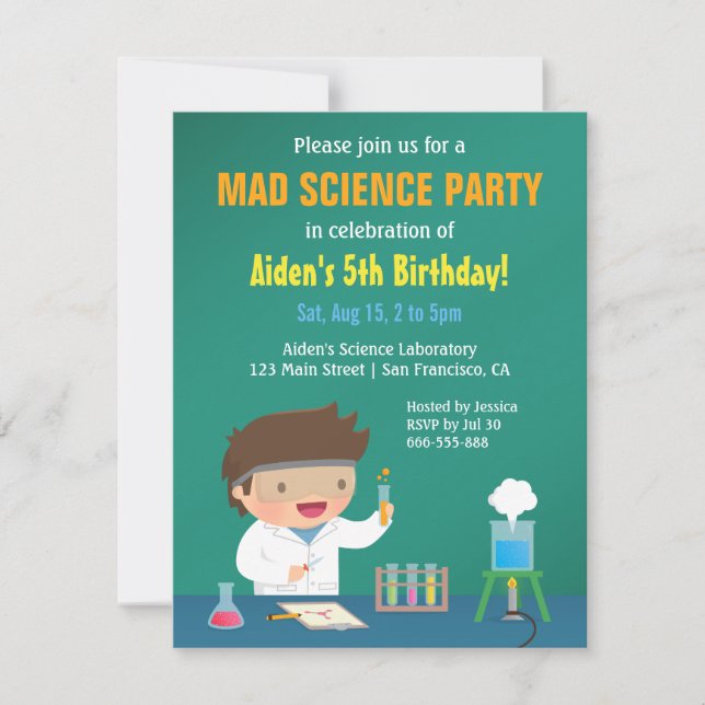 Boy Loves Mad Science Birthday Party Invitations (Front)