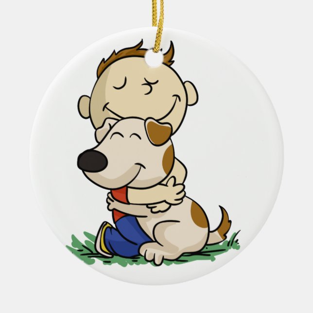 Boy lovingly hugging his dog | choose back colour ceramic ornament (Front)