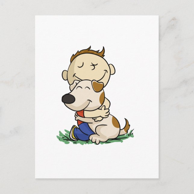 Boy lovingly hugging his dog | choose back colour postcard (Front)