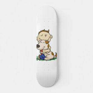 Boy lovingly hugging his dog   choose back colour skateboard