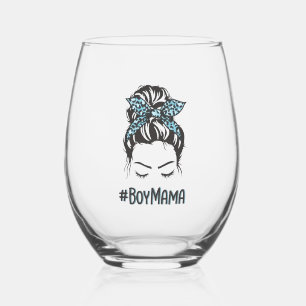 Boy Mama Messy Bun Boy Mom Gifts Stemless Wine Glass