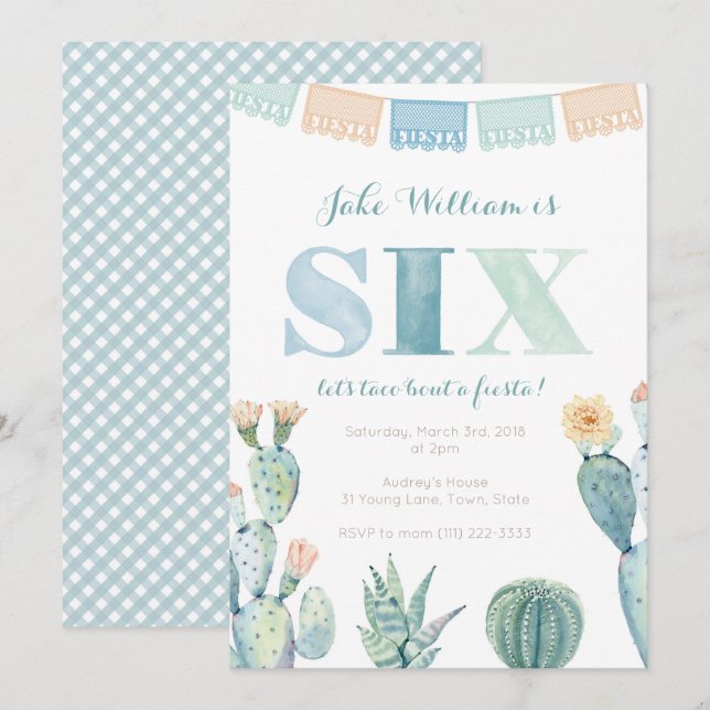 Boy Mexican fiesta Cacti 6th Birthday Party Invitation (Front/Back)