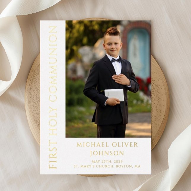 Boy Modern Photo First Holy Communion Gold (Elegant Photo Boy First Communion Gold Foil Invitation)