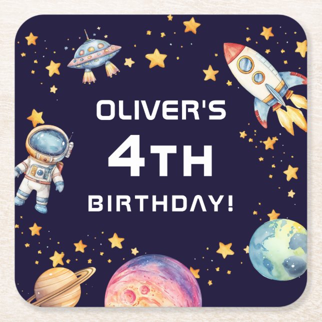 Boy Modern Space Rocket Ship Birthday Party Square Paper Coaster (Front)