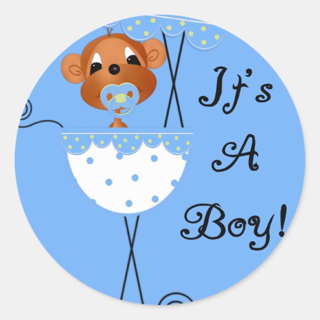 Boy Monkey in Carriage It's a  Boy Cards Classic Round Sticker (Front)