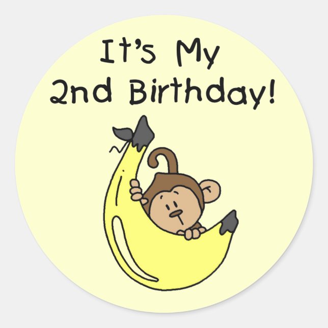 Boy Monkey on Banana 2nd Birthday Classic Round Sticker (Front)