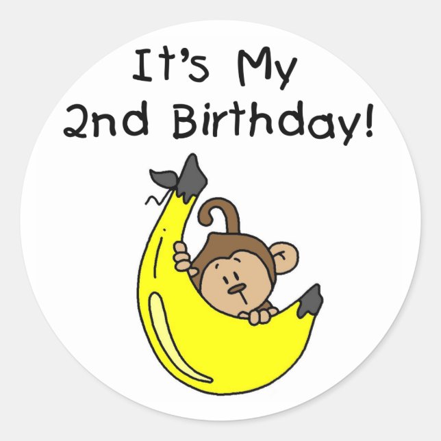 Boy Monkey on Banana 2nd Birthday Classic Round Sticker (Front)