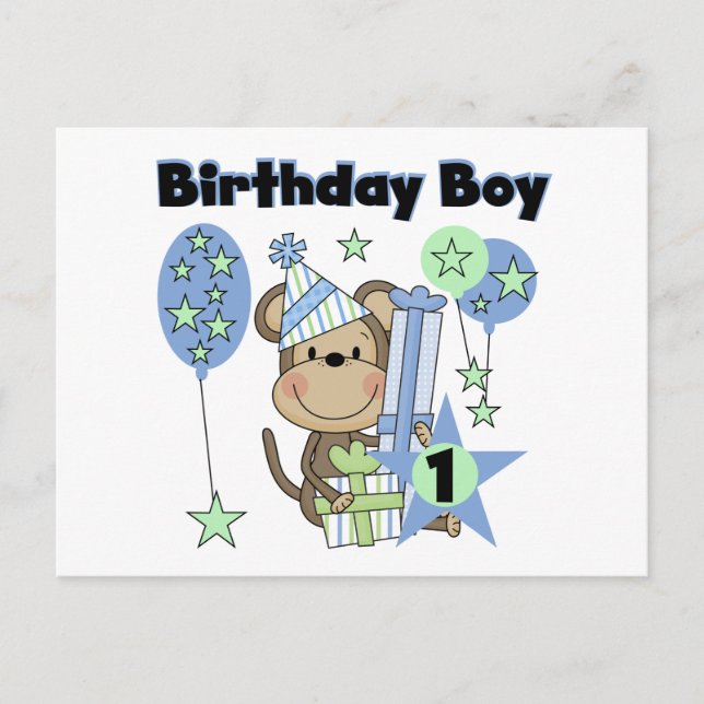 Boy Monkey With Gifts 1st Birthday Postcard (Front)