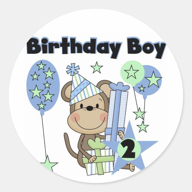 Boy Monkey With Gifts 2nd Birthday Tshirts Classic Round Sticker (Front)