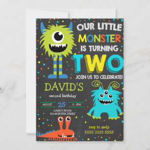 Boy Monster 2nd Birthday Little Monster Chalk Invitation