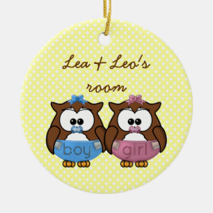 boy 'n girl baby owl ceramic ornament