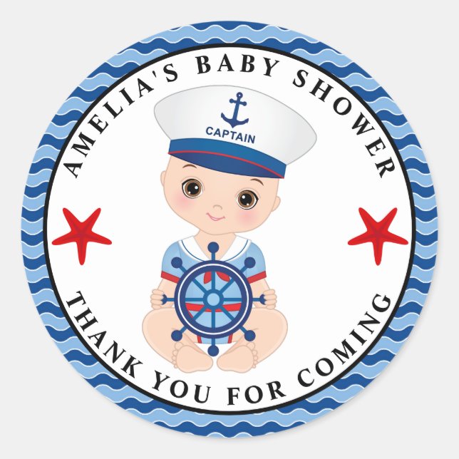 Boy Nautical Baby Shower Classic Round Sticker (Front)