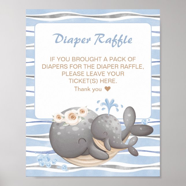 Boy Nautical Whale Baby Shower Diaper Raffle Sign (Front)